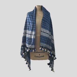 Tory Burch Blue Gray Plaid Cotton Fringe Large Bohemian Scarf Shawl NWOT